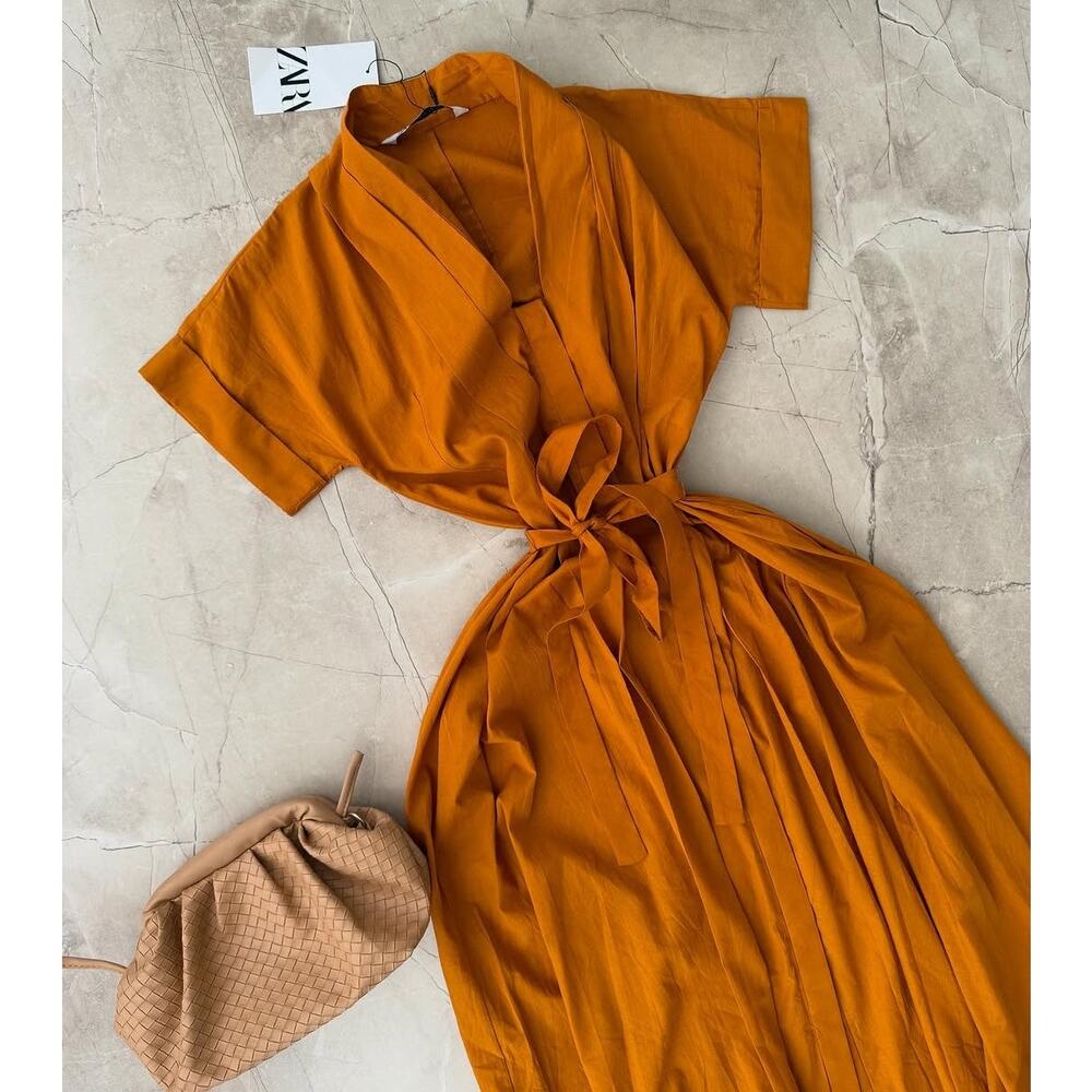 RARE ZARA Burnt Orange Cotton Midi Dress NWT - Picture 15 of 16